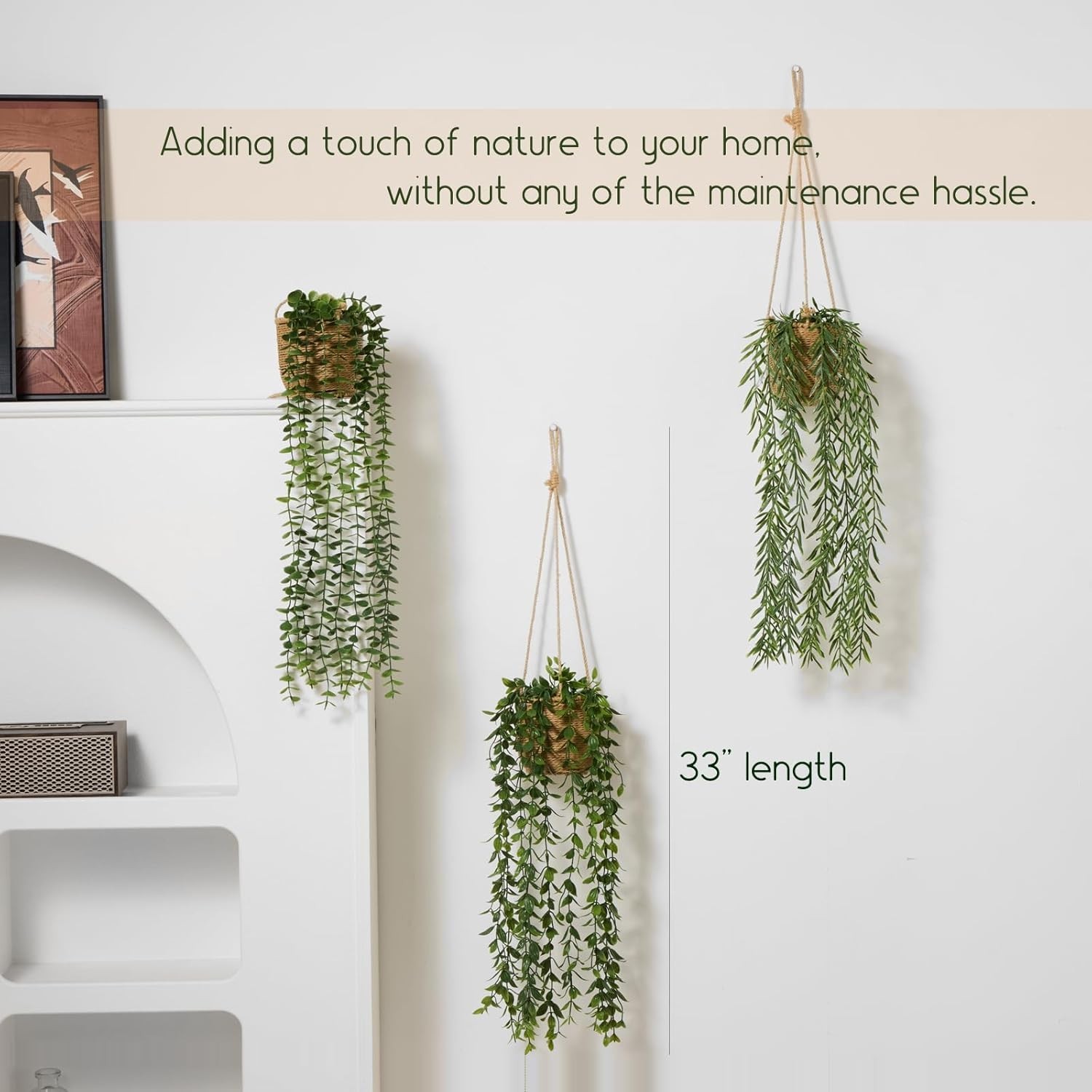 3 Pack Artificial Hanging Plants in Boho Handwoven Baskets Living Room Bedroom