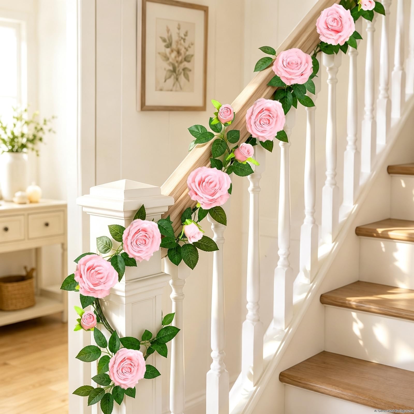 2 Pcs Floral Garland with 19.6 Ft LED Lights, Pink Silk Flowers for Wedding Deco
