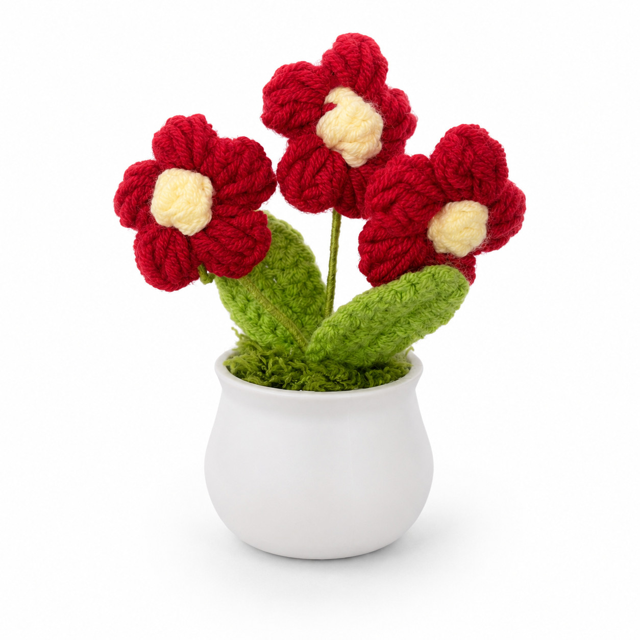Red Crochet Flower Mini Potted Desk Shelf Decor Flexible Stems