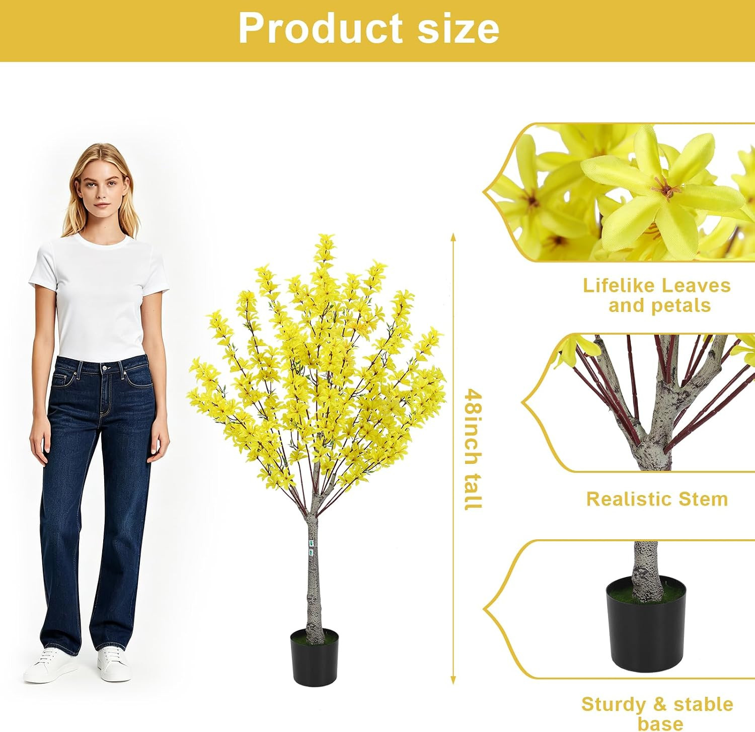 4FT Yellow Faux Forsythia Tree with Pot – Lifelike Indoor/Outdoor Decor