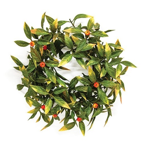 NEW Primitive FALL CANDLE RING BERRY Leafy BUTCHERS BROOM 4.5″ x 10″ Harvest