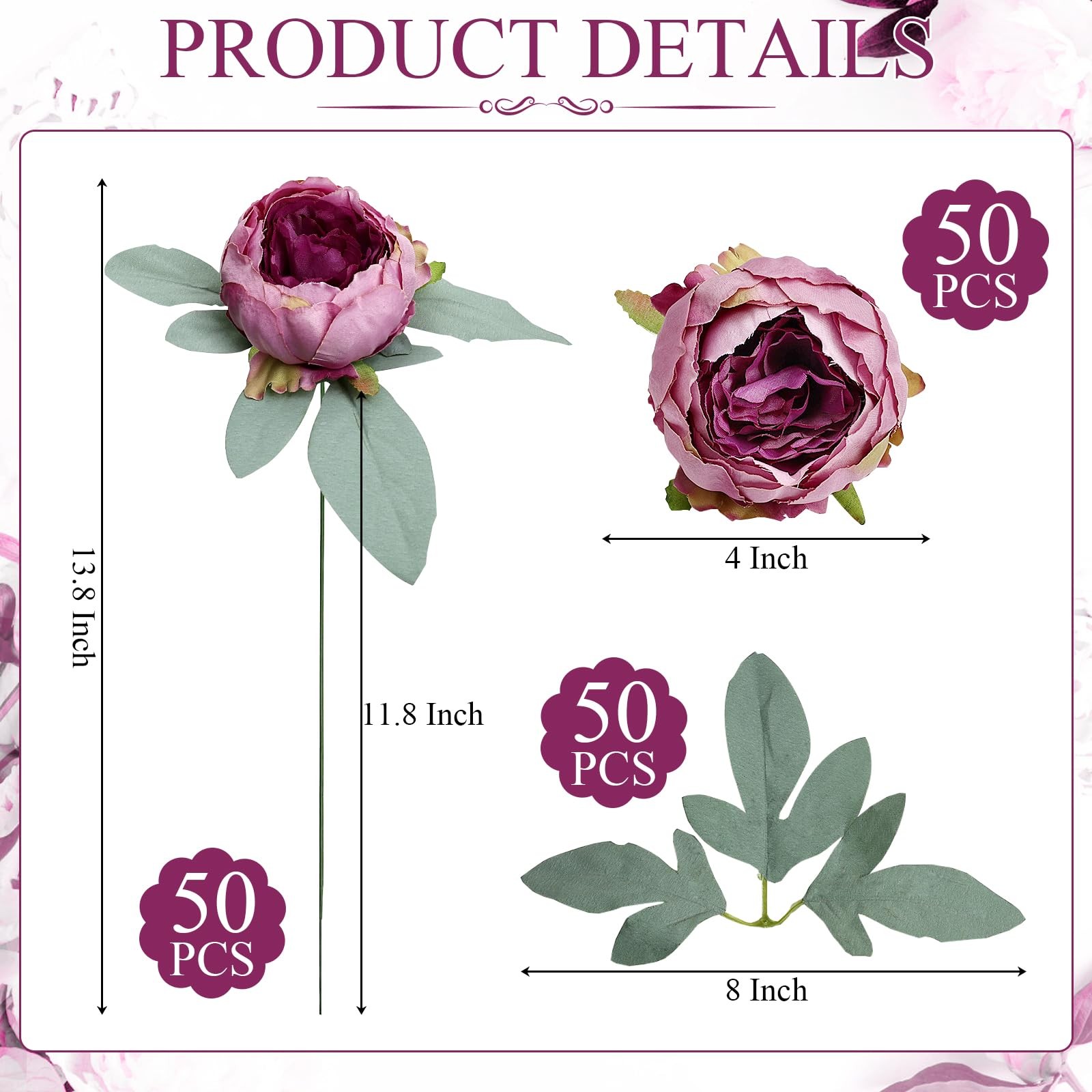 50Pcs Peonies Artificial Flowers Bulk, 4’’ Purple