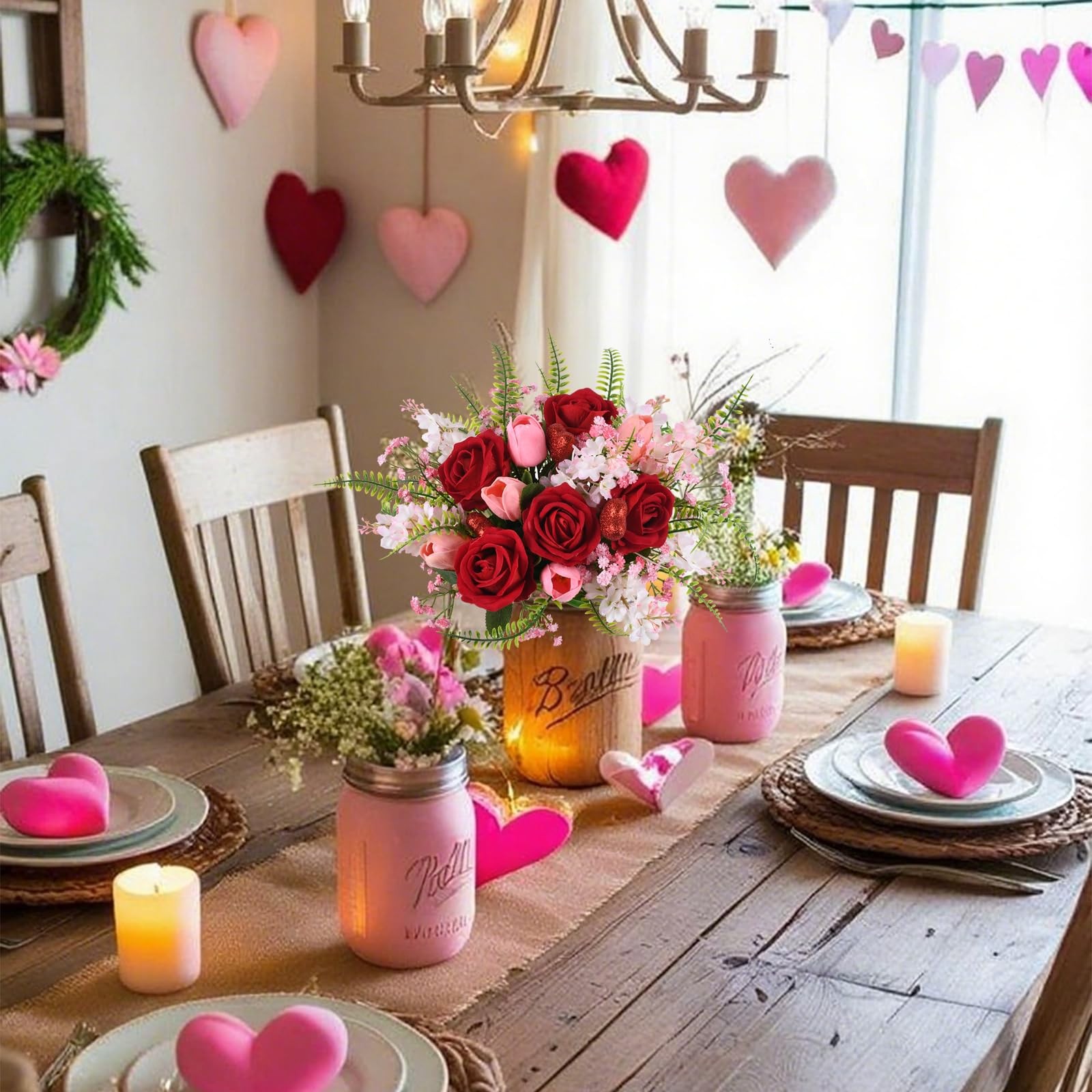 1 PC Valentines Day Decorations Artificial Flower Bouquet Red 13.67″