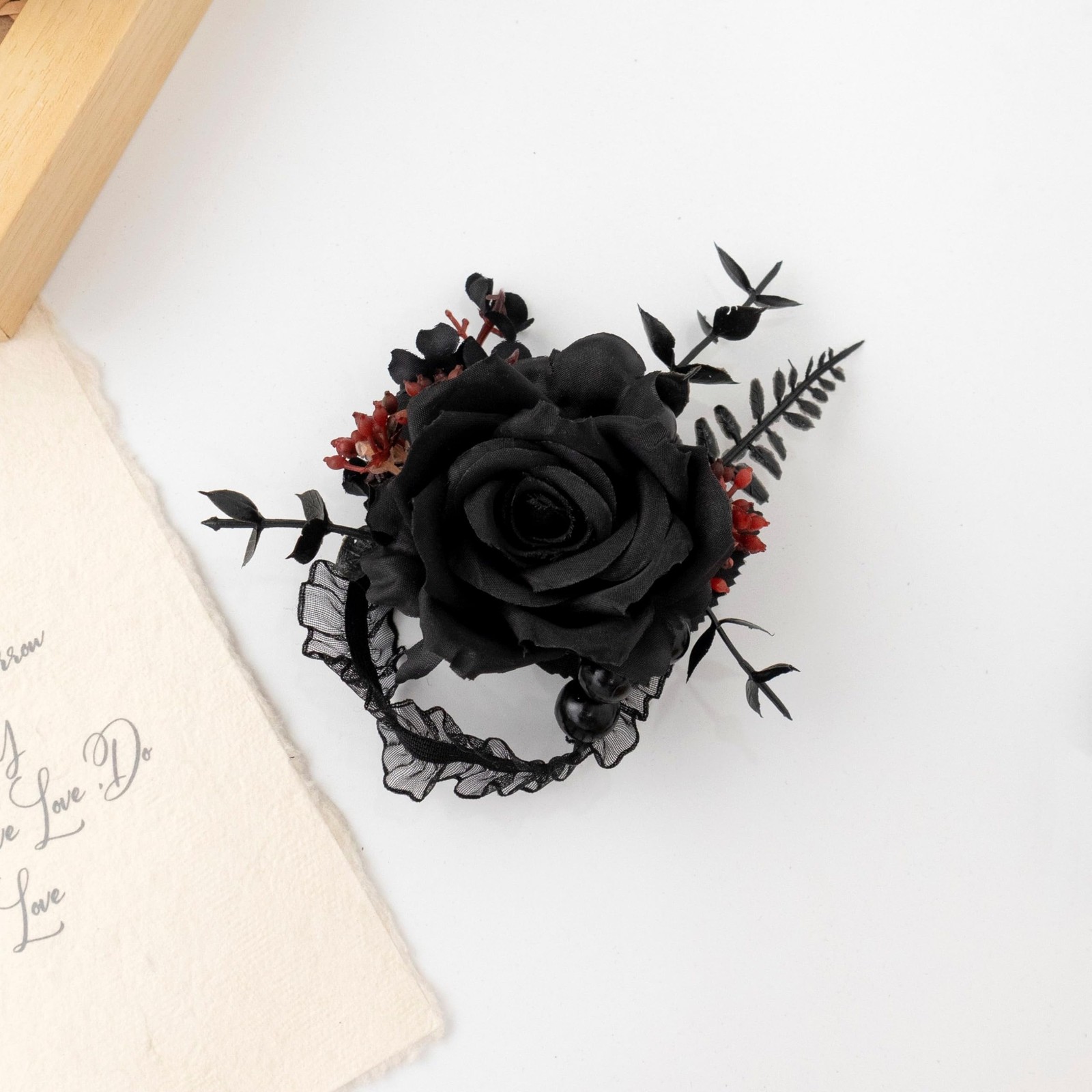 1 Set Black Corsage Wristlet Boutonniere Rose Prom Flower Wedding Party Decor
