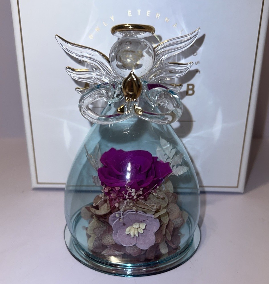 Alunob The Only Eternal Rose Last Forever Angel Blown Glass blue Gift open box