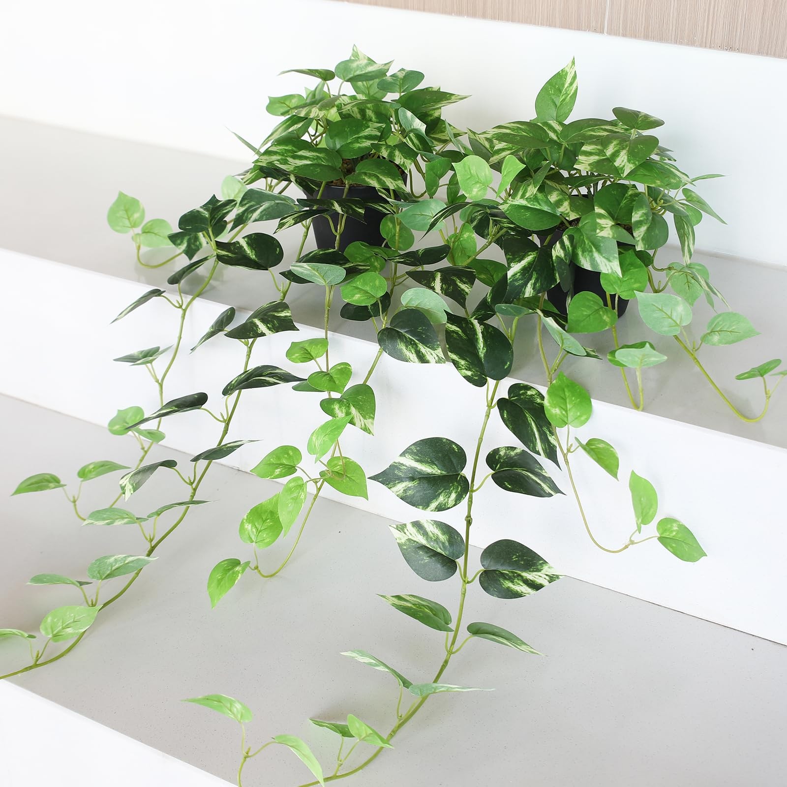 Fake Pothos Hanging Plants – 33″ Set of 2 Artificial Silk Ivy Vines with Pots…