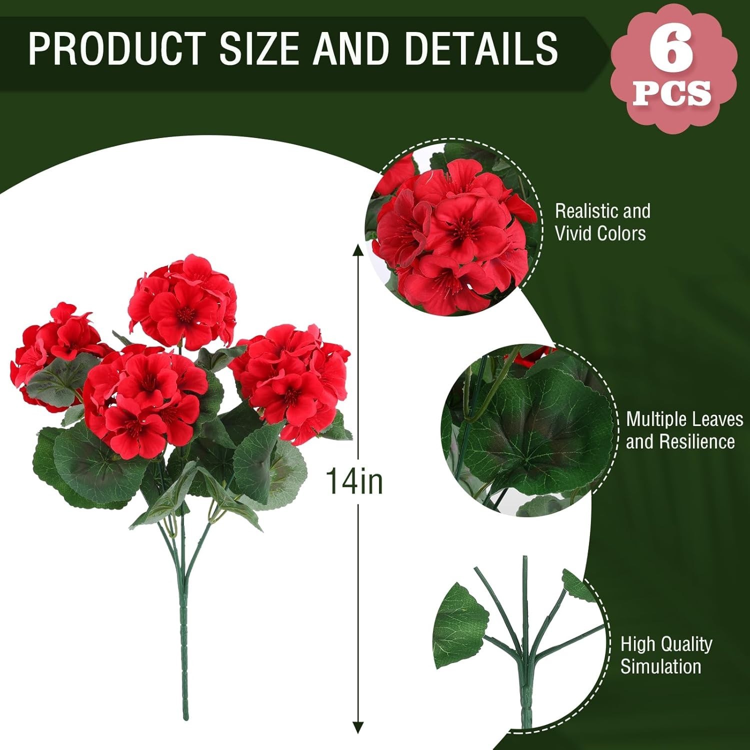 Maintenance-Free 6 Pcs Red Silk Geraniums – Perfect for Christmas & Garden Decor