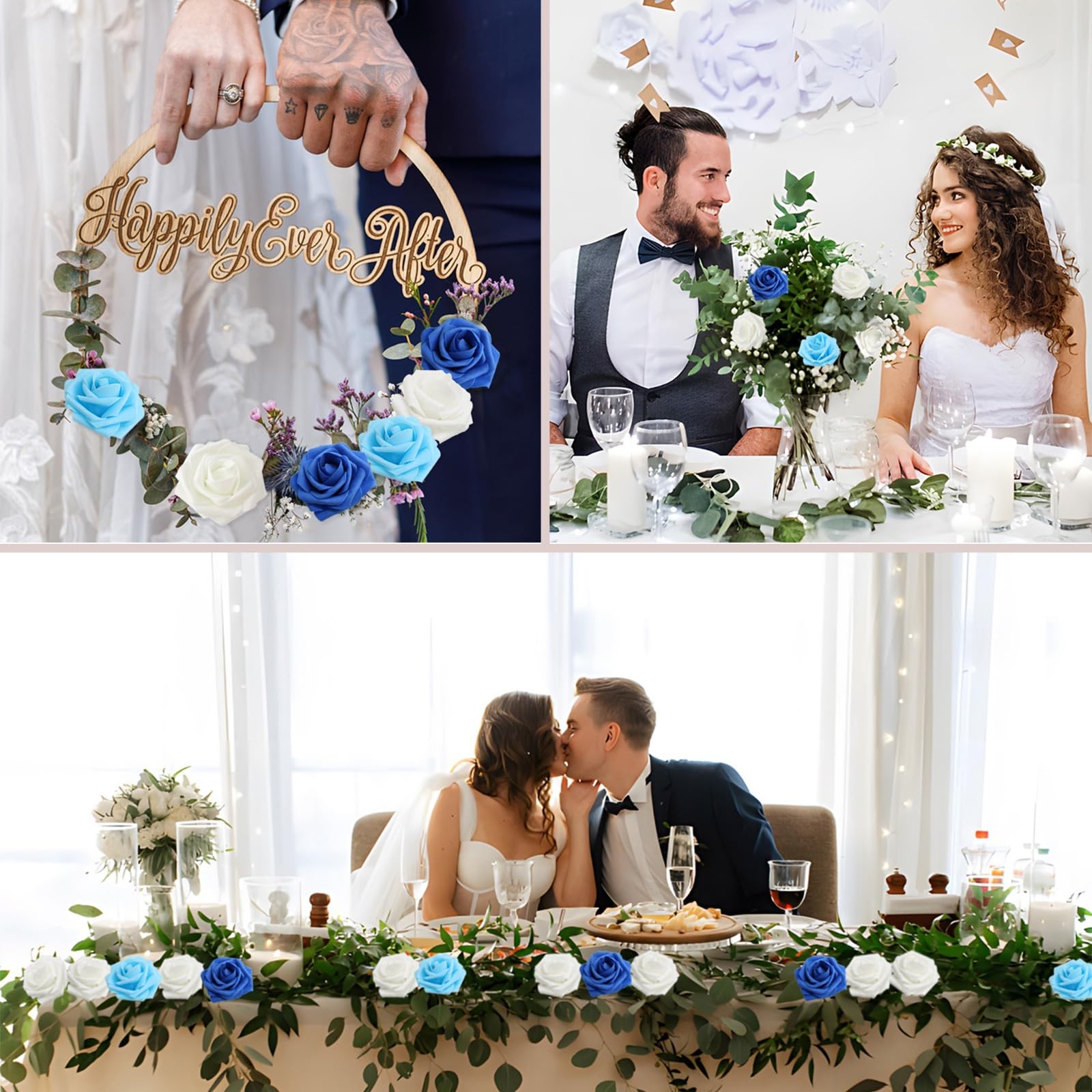100 Pcs Blue Artificial Roses Real Looking Foam Fake Flowers With Leaves
