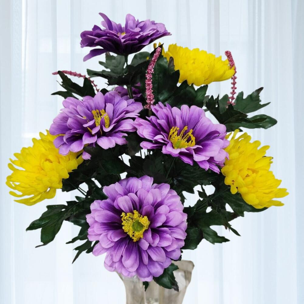 17″ Artificial Purple and Yellow Mum and Zinnia Floral Bush