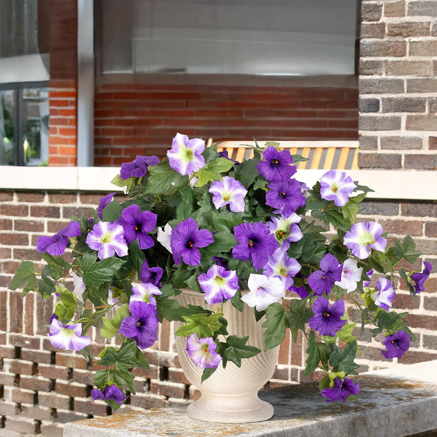 Artificial Faux Petunias Flowers 2PCS UV Resistant for Outdoor Purple White