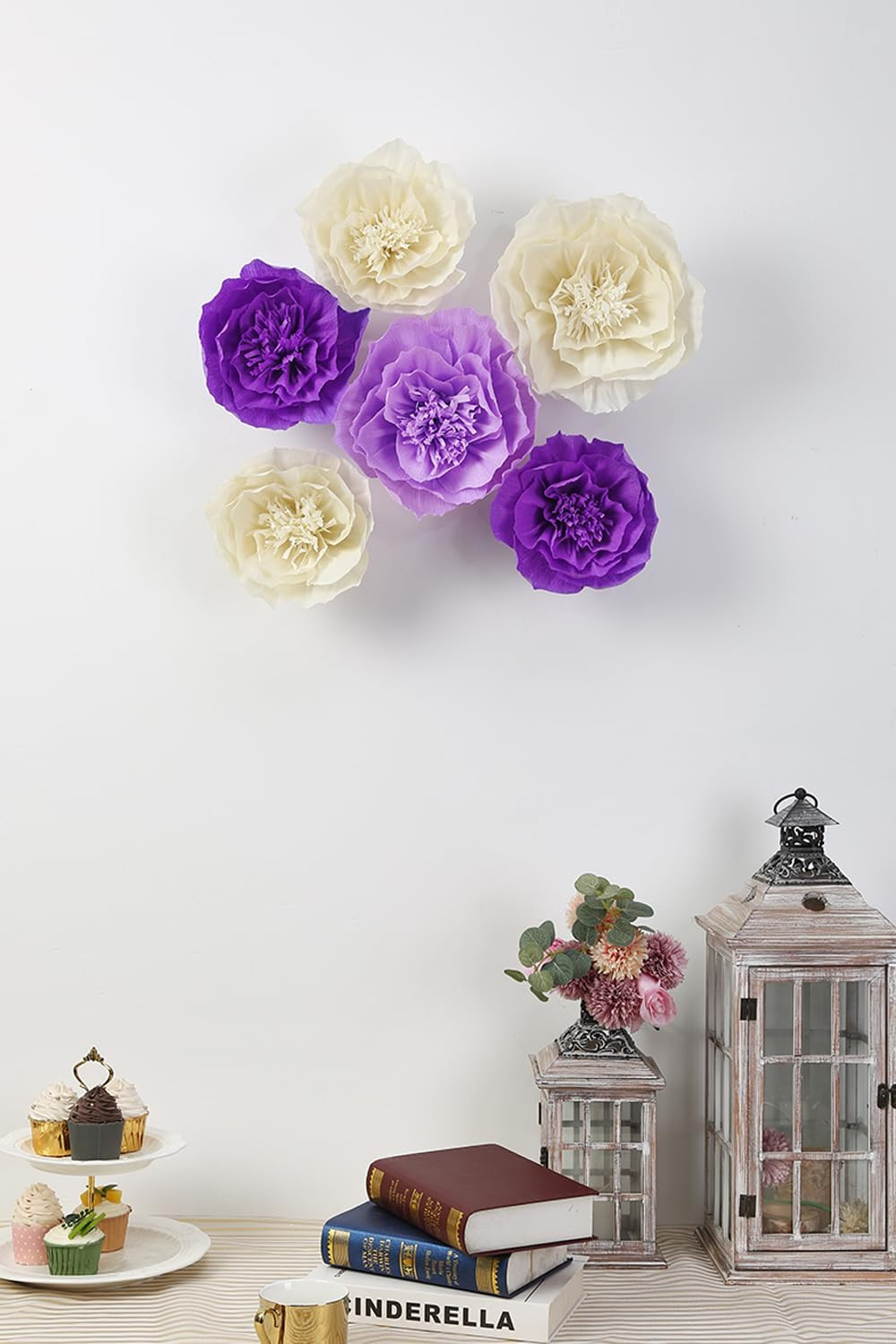 Paper Flower Decorations for Wall – Purple, Beige, Lavender Set of 6 for Wedding