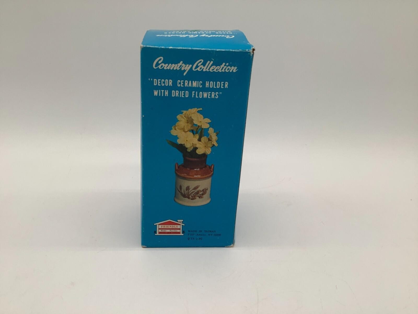 Vintage Country Collection Decor Holder With Dried Flowers Brown Beige Stoneware