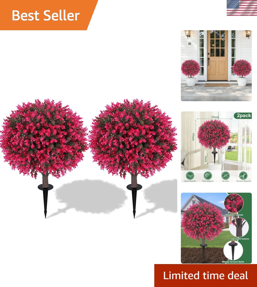 24″ Artificial Eucalyptus Topiary Ball Trees with Ground Spike Set of 2, UV R…