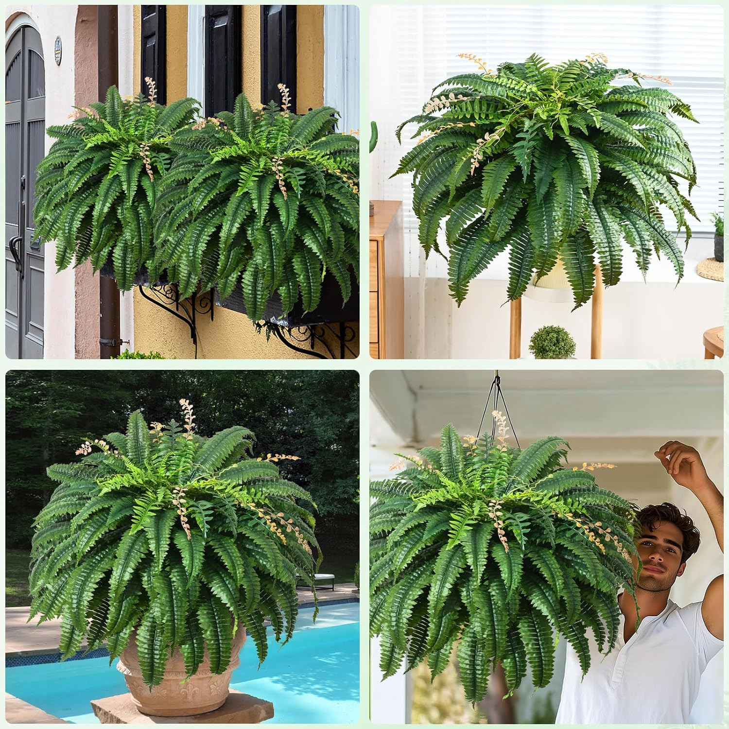 2Pcs 48” Realistic UV Resistant Faux Boston Ferns for Outdoor Planters