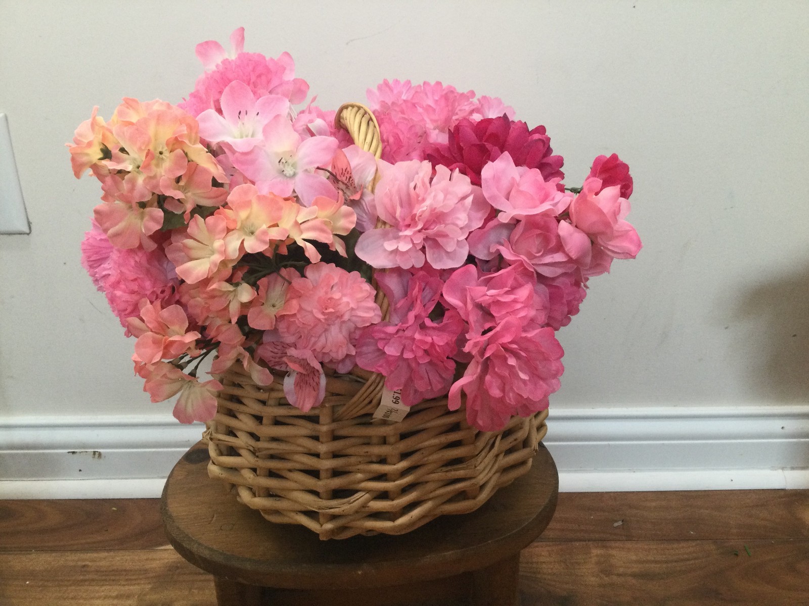 Garden Pink Silk Floral Arrangement in a Woven Basket carnations roses daisy