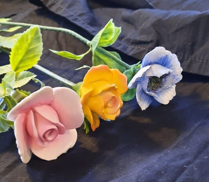 Vintage Porcelain Long Stem Roses – Set of 3 – Pink, Blue, Yellow – Soft Leaves