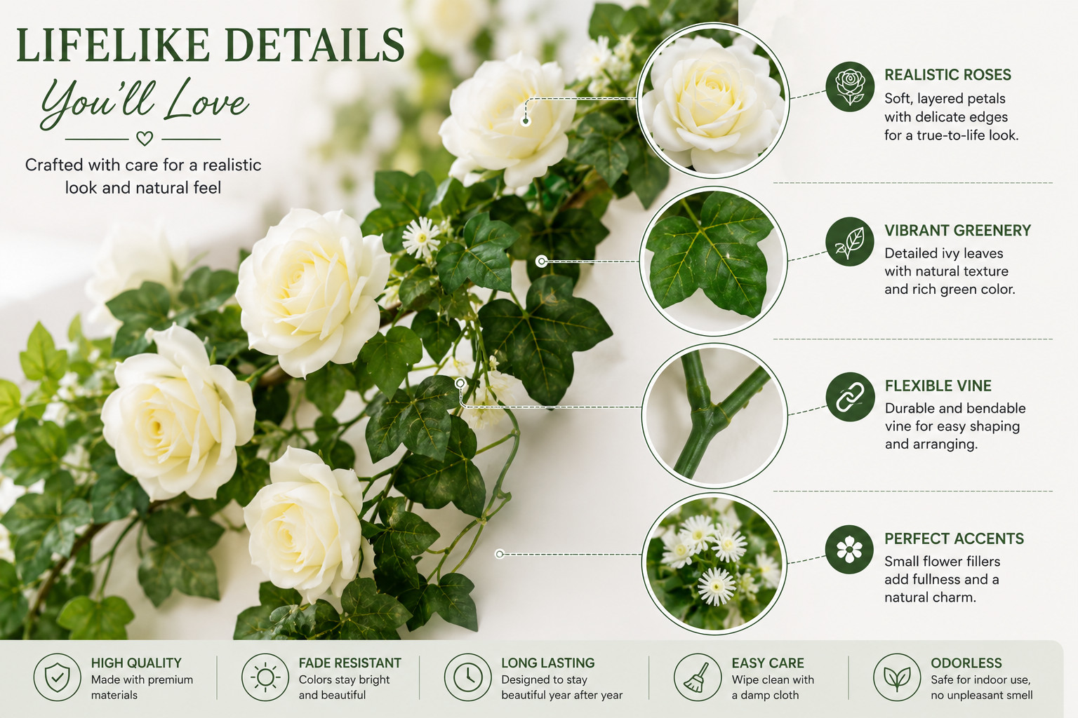 90cm White Artificial Rose Hanging Vine Fake Flower Garland Home Garden Decor