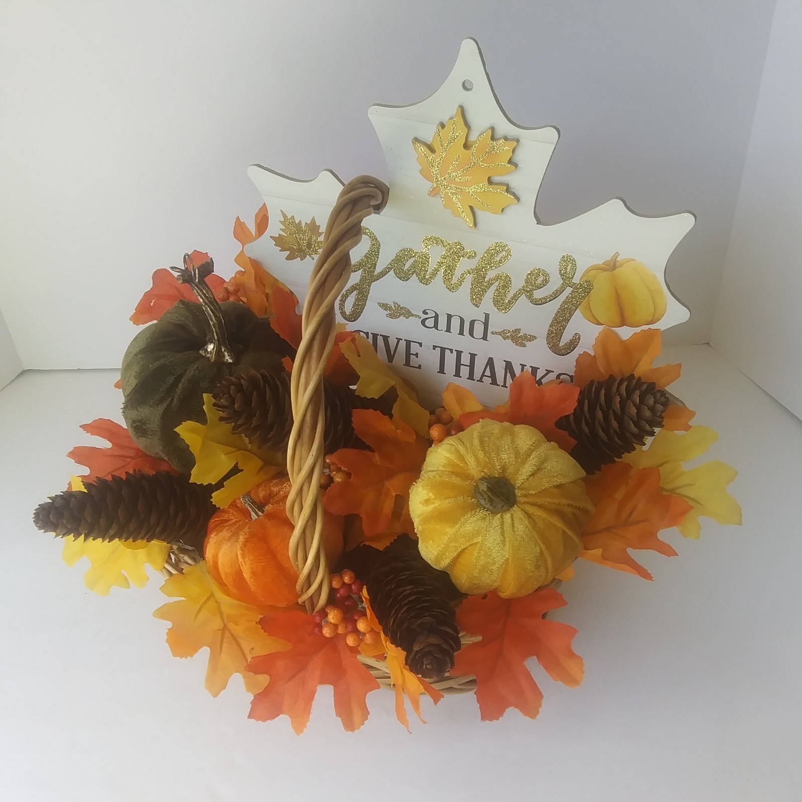 Fall Harvest Basket Centerpiece Gather & Give Thanks Pumpkins Pinecones Decor