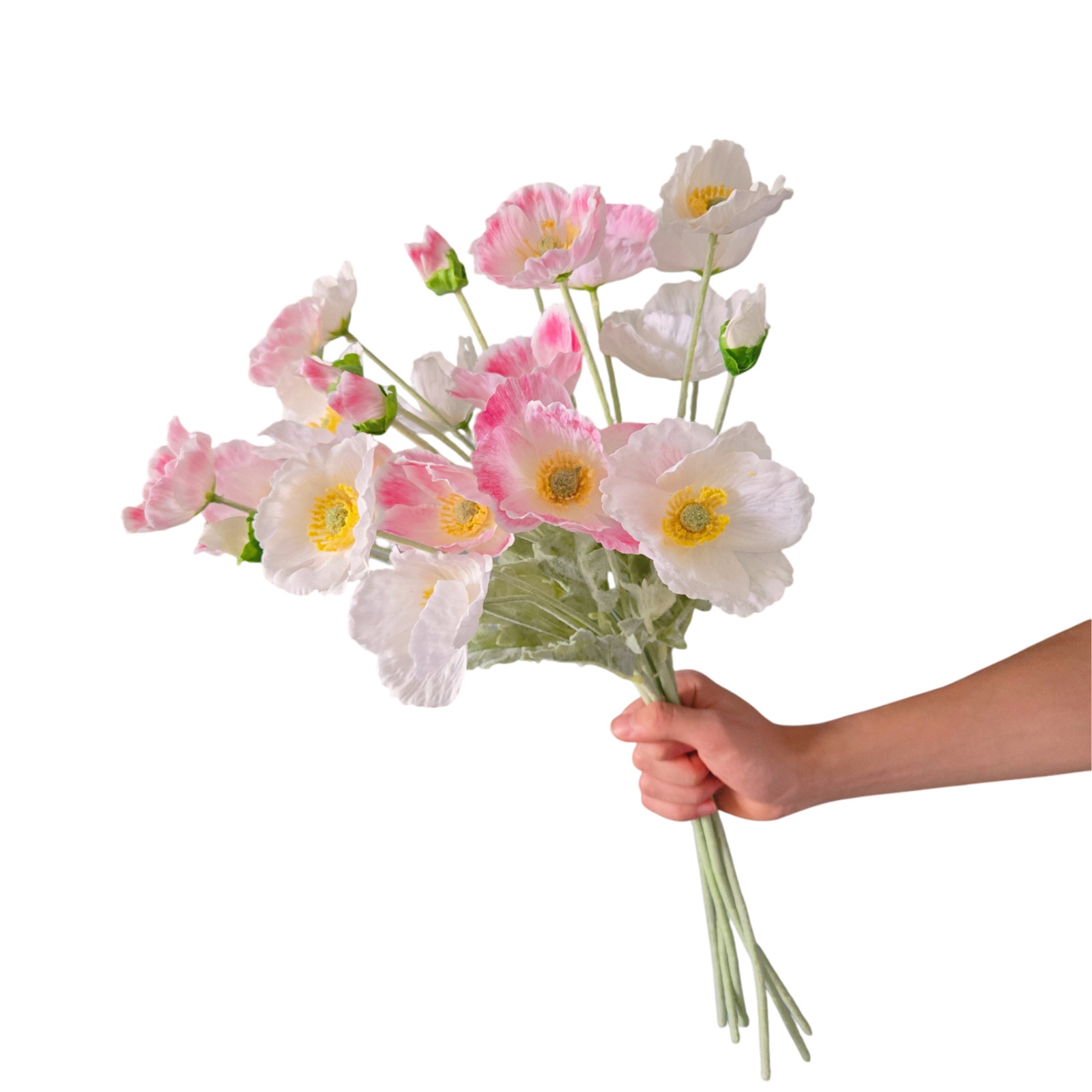 6-Piece Artificial Poppy Bouquet – Realistic silk frost 25.2”pink white