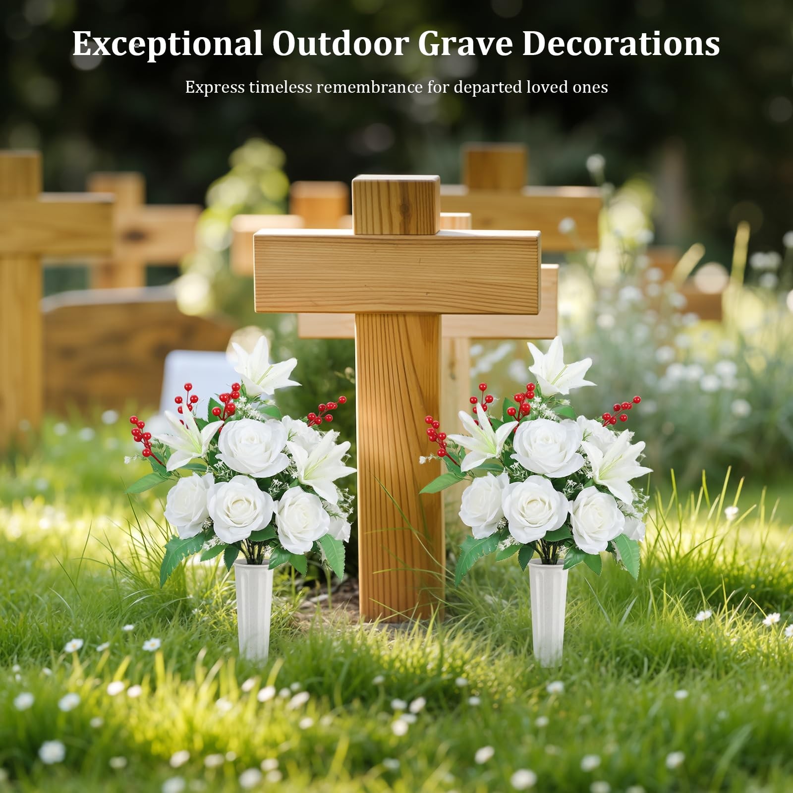 Artificial Cemetery Flowers with Vase, 2 Sets Outdoor Grave Decorations UV Re…