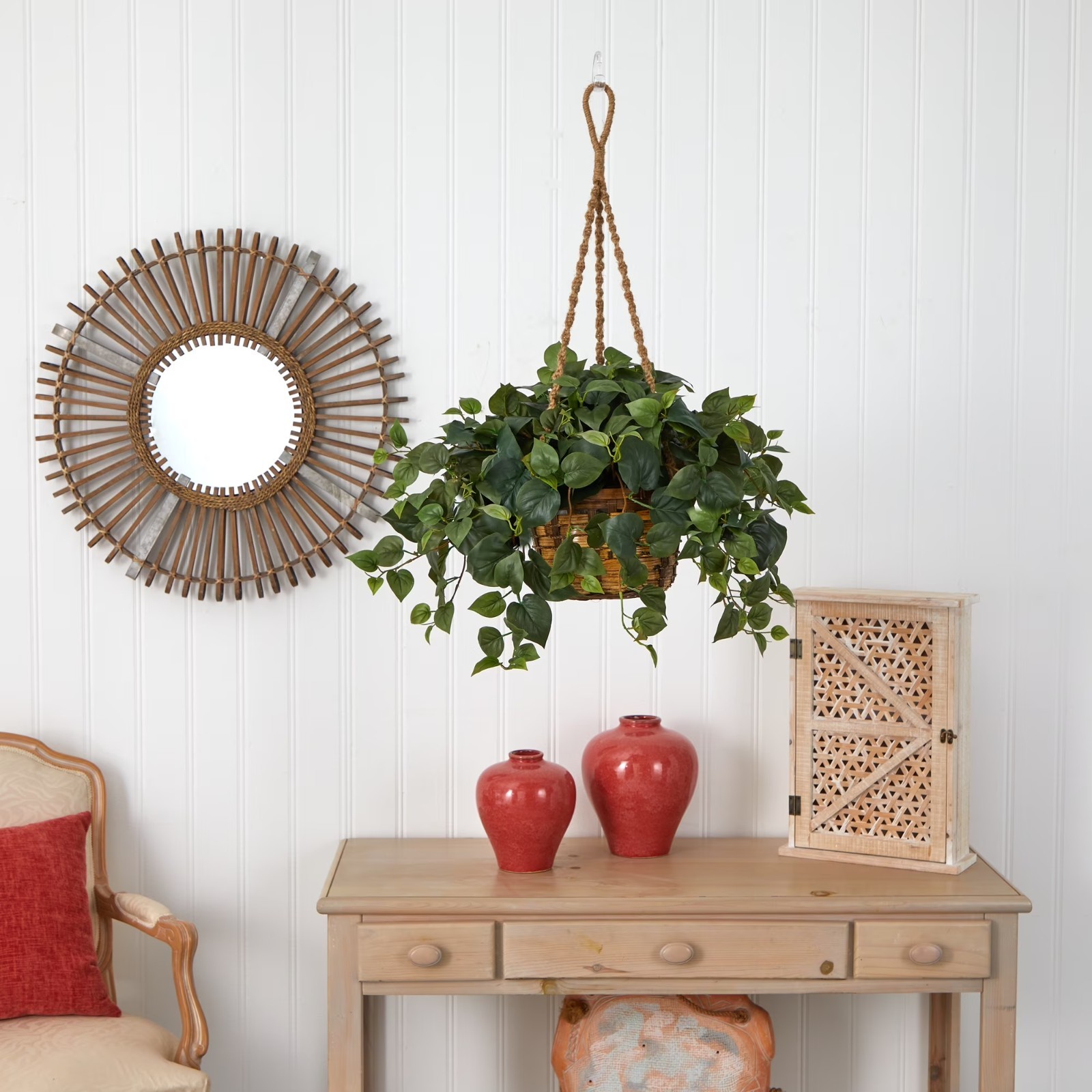 24 Inch Artificial Philodendron Plant Hanging Basket Silk Faux Greenery Indoor