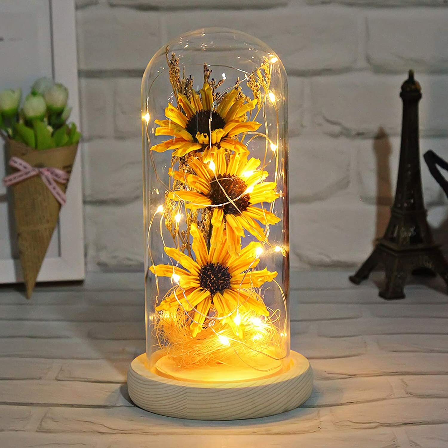 Artificial Sunflower in Glass Dome with Led Light Strip Gifts for Women Mom Girl