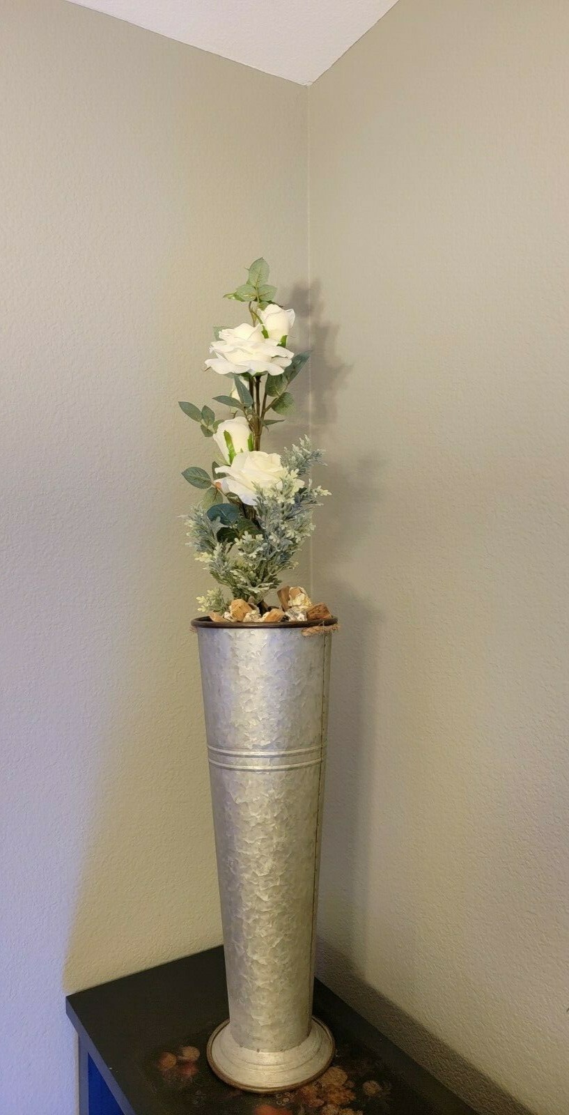 Artificial White Roses Floral Arrangement In a Galvanized Standing Floor Vase