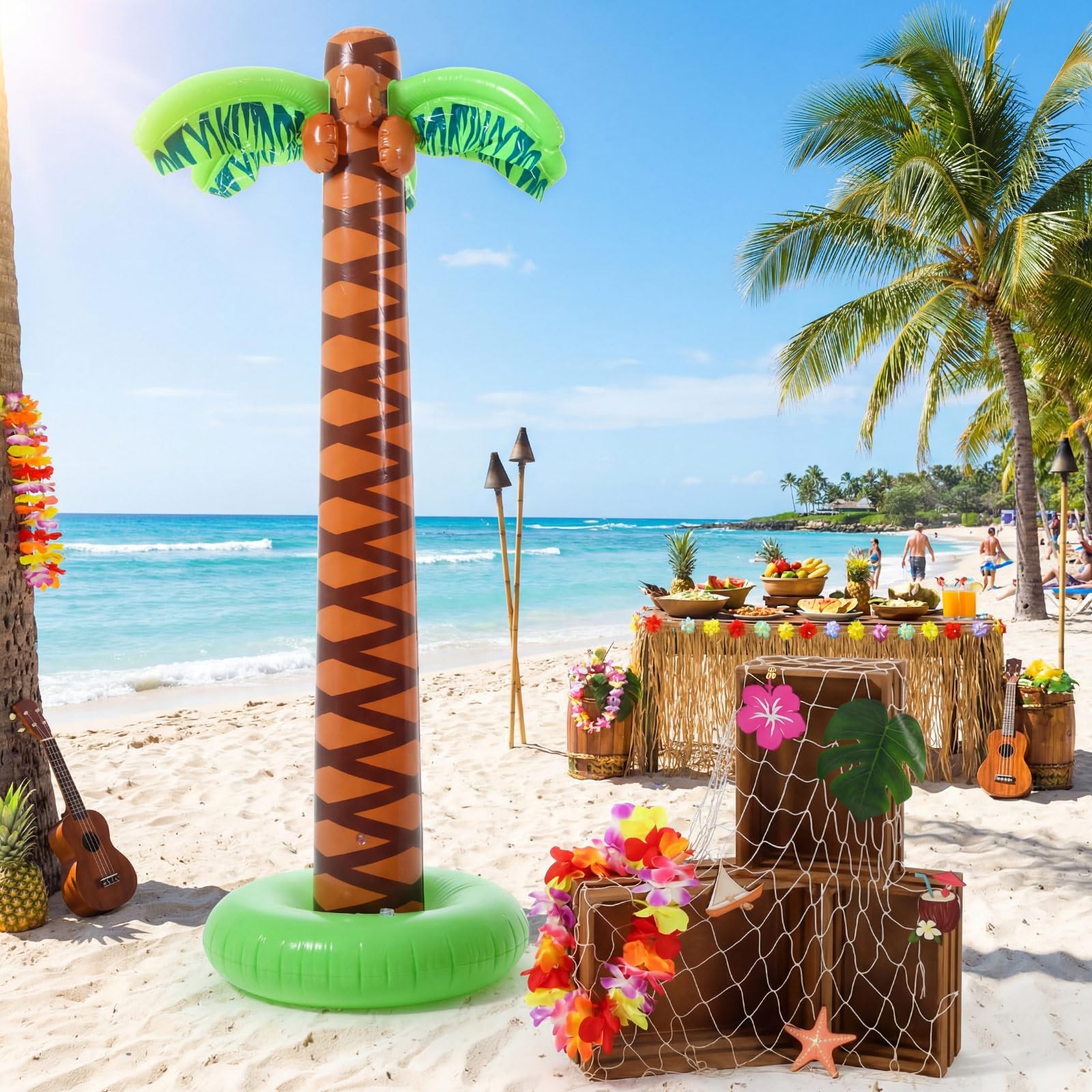 11 Pcs Hawaiian Party Decoration Set 70 Inch Giant Inflatable Palm Tree Woode…