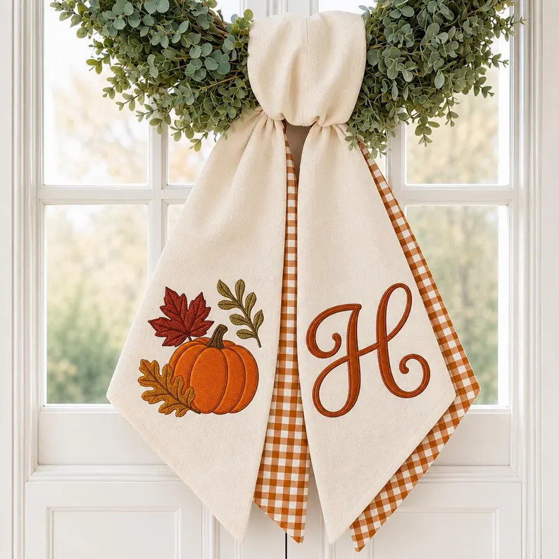 Custom Embroidered Monogrammed Pumpkin Wreath Sash Autumn Thanksgiving Decor