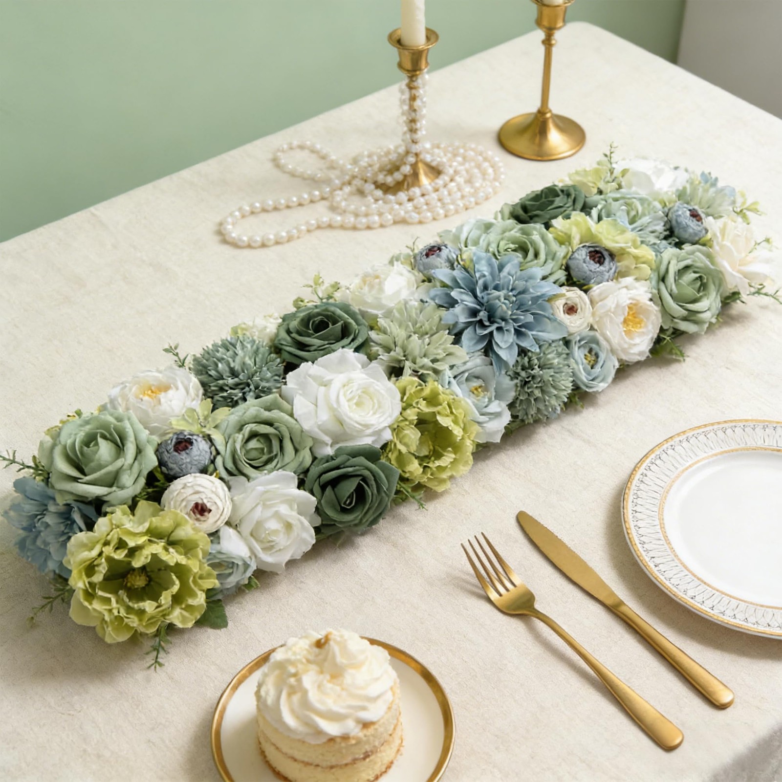 Green Artificial Silk Flowers Combo with Dahlias, Roses & Green Stems for DIY…