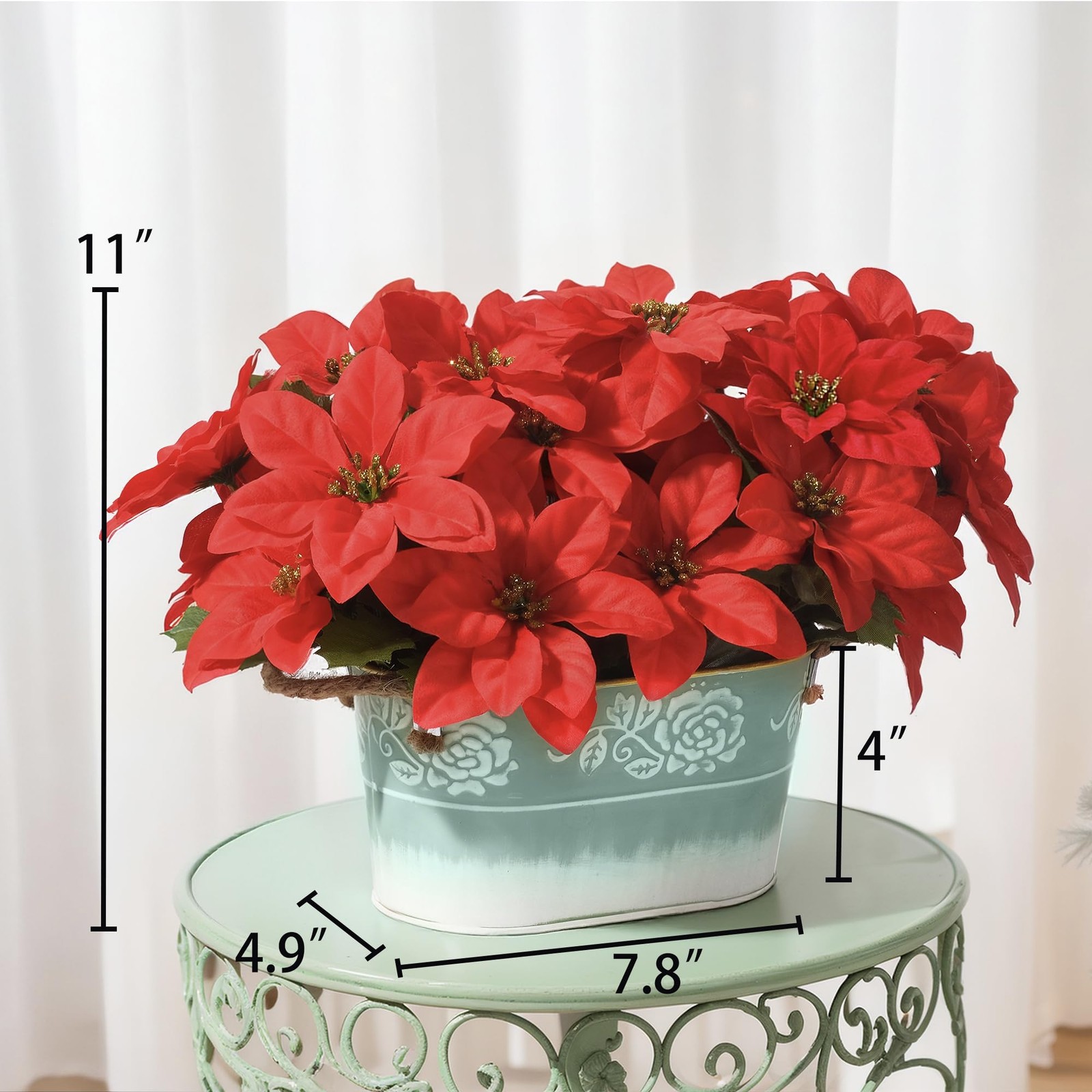 Artificial Red Poinsettia Floral Arrangement Green Metal Planter Jute Rope Use
