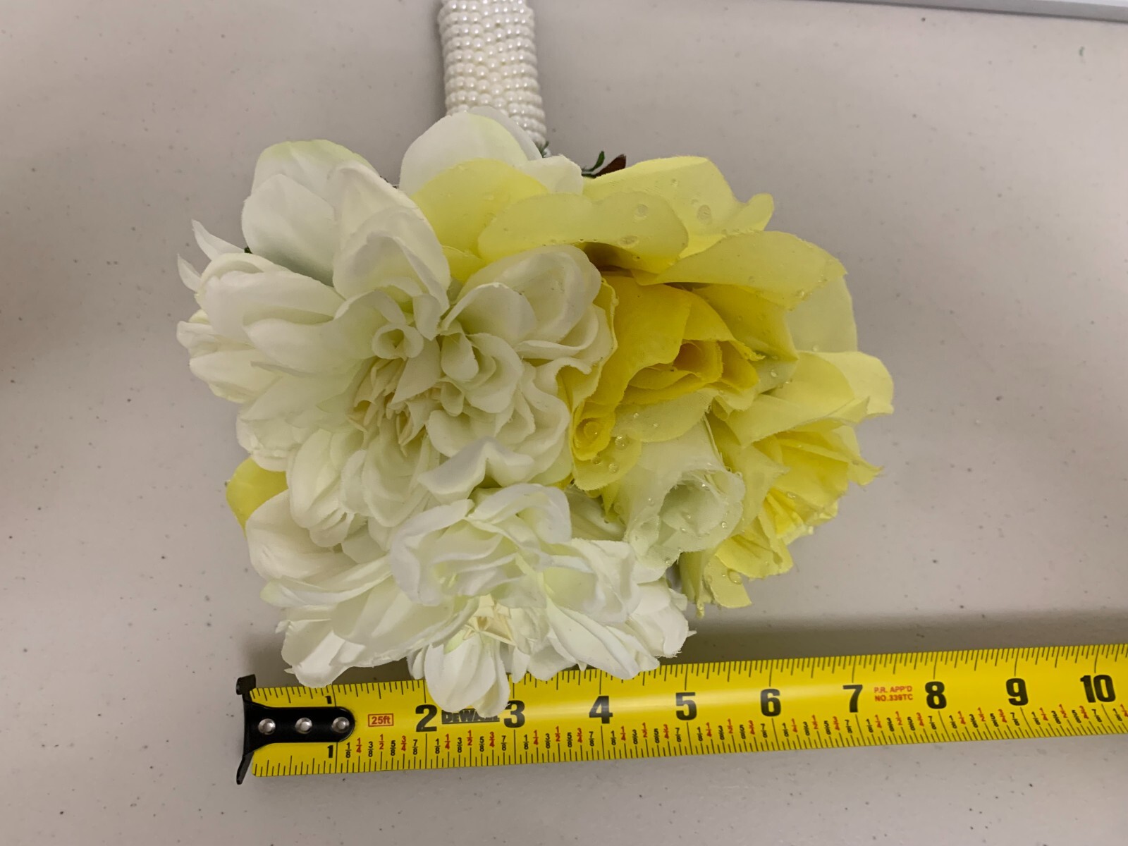 FLORAL WHITE &YELLOW ROSE FLOWER BOUQUET W/ WHITE PEARL HANDLE EVENTS & WEDDING