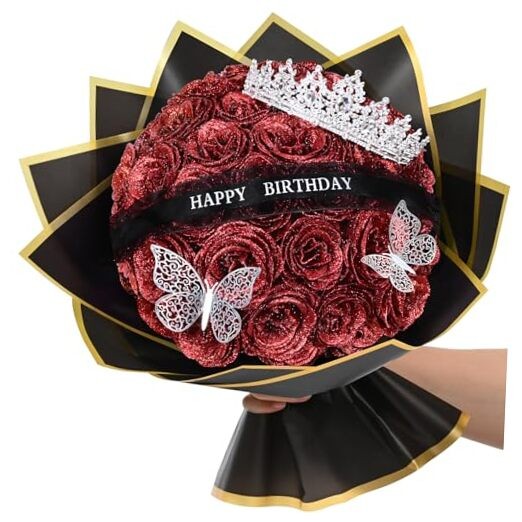 Glitter Roses Bouquet, Birthday Gifts for Women Mom, DIY Fake 36pcs Red