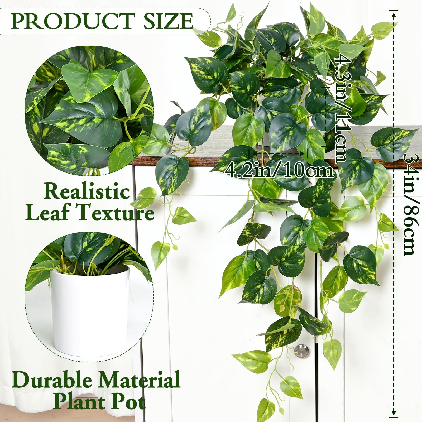 1 PCS 34 Inch Artificial Pothos Vine Ivy Potted Hanging Fake Plant Indoor