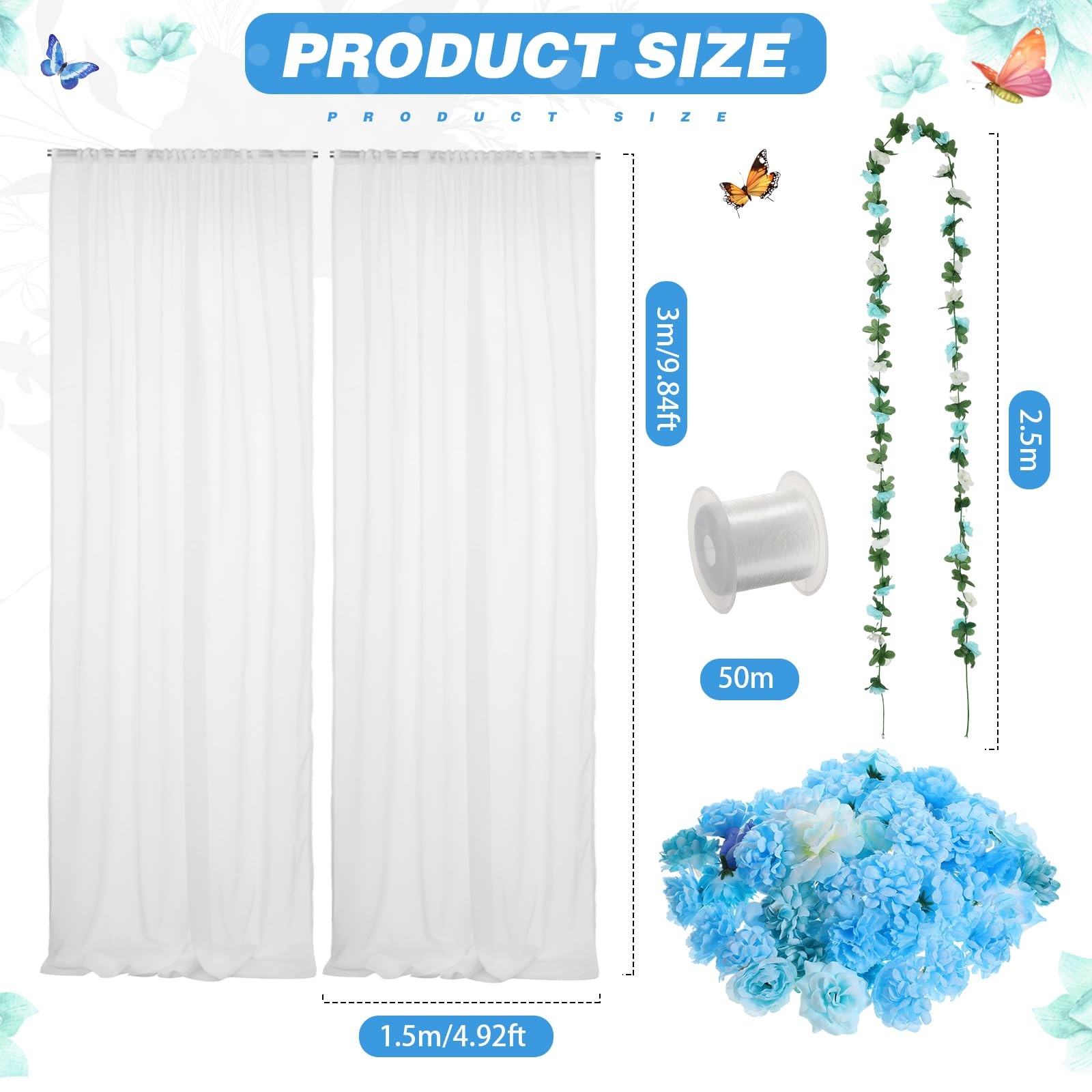 63 Pcs Flower Garland for Backdrop 2pcs 9.84 x 4.92 ft White Tulle Backdrop 1…