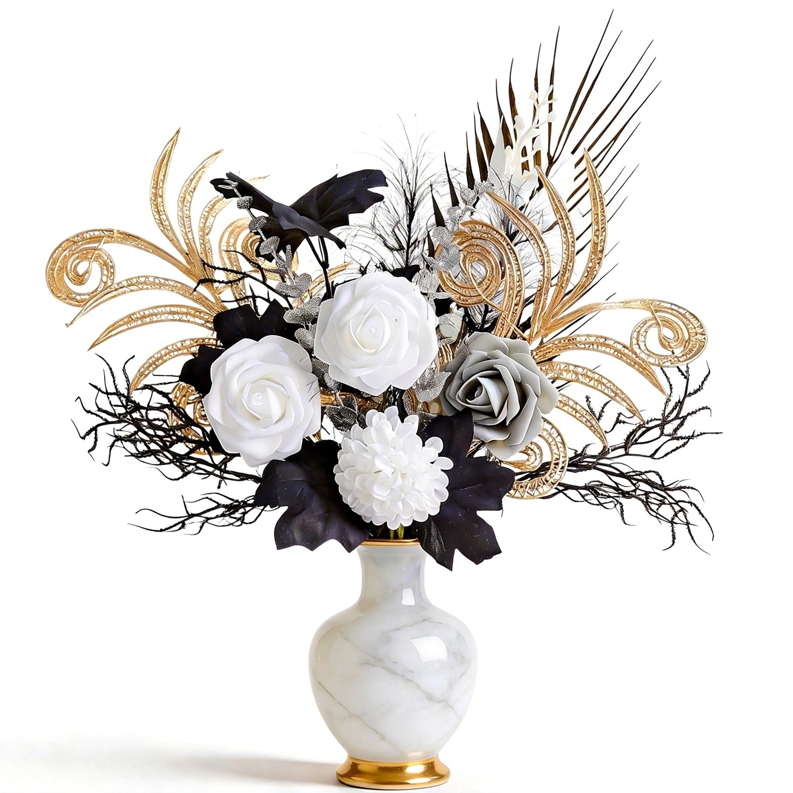 14 PCS 17 Inch Artificial Silk Rose Flower Bouquet Black Gold Gothic Decor