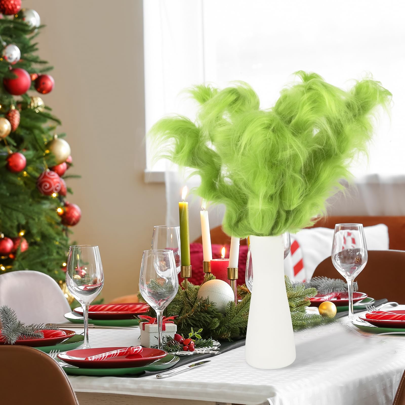 Lime Green Furry Christmas Tree Picks Decorations Glitter Ornaments 24 PCS