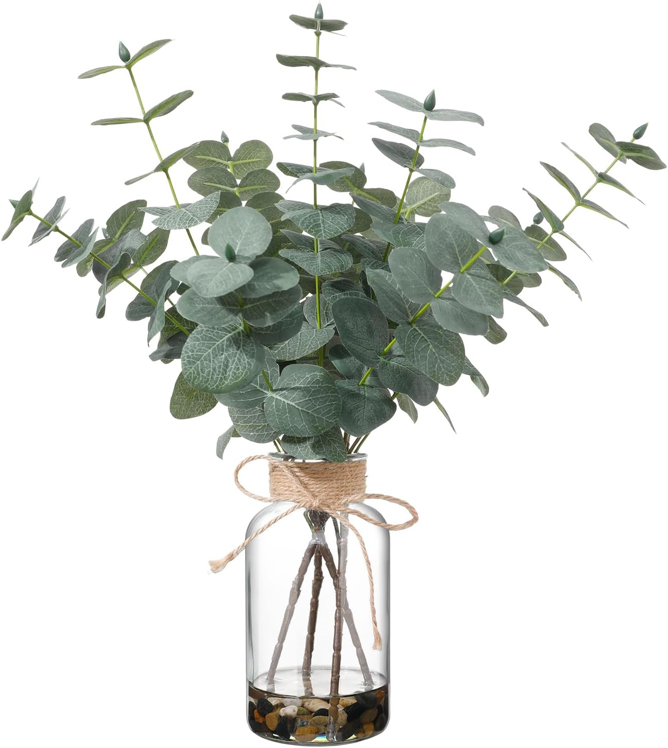 15.74” Artificial Eucalyptus Stems in Glass Vase with Faux Water & Natural Stone