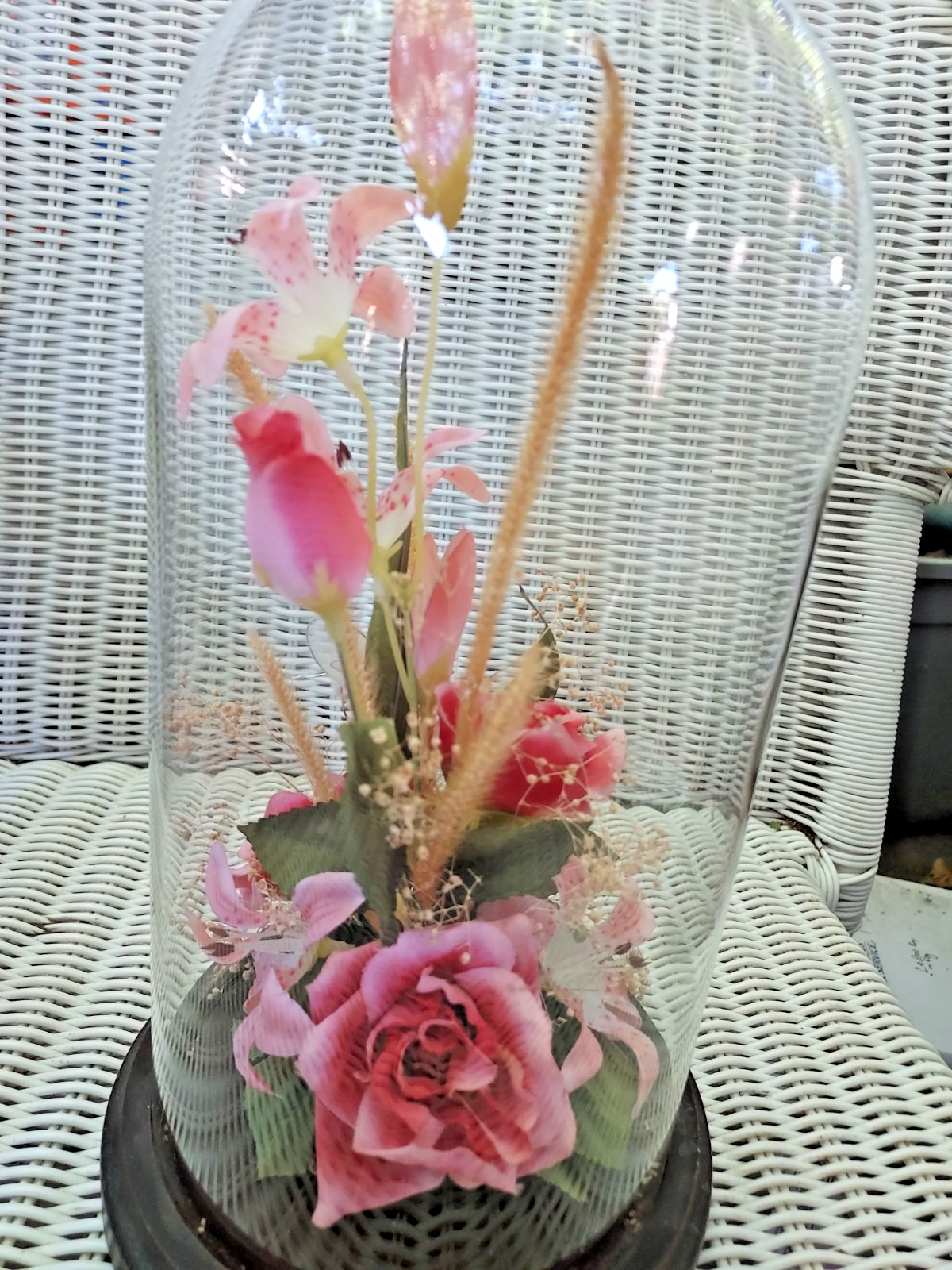12″ Vintage Real Dried Flower Cloche Glass Dome Pink Silk Roses Lilies Butterfly
