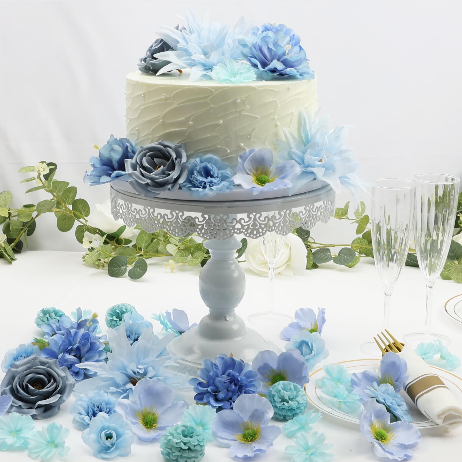 56 PCS Faux Flower Heads Combo Blue Silk Flowers Mix Peony Rose Hydrangea Fak…