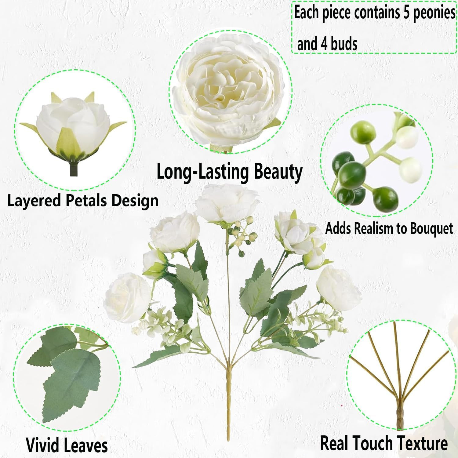 12 Bundles Peonies Artificial White Flowers Bouquet, Lifelike Silk Fake Peonies