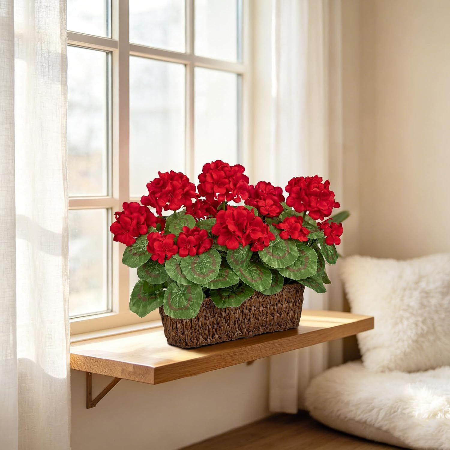 Briful Artificial Geraniums Flowers in Woven Basket Planter, Real Faux Red Silk