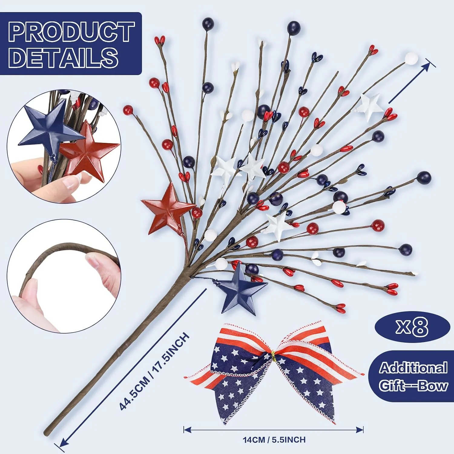 8 Pack Patriotic Artificial Berry Stem Picks,17.5″ Red White Blue Stars with Bow