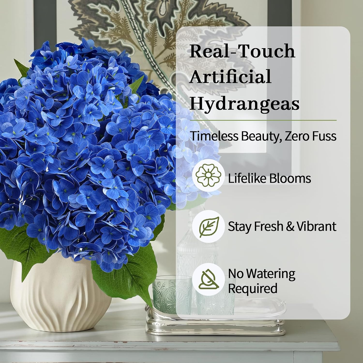 NINTYNINE Hydrangea Artificial Flowers, 4Pcs Real Touch Faux Hydrangea with Long
