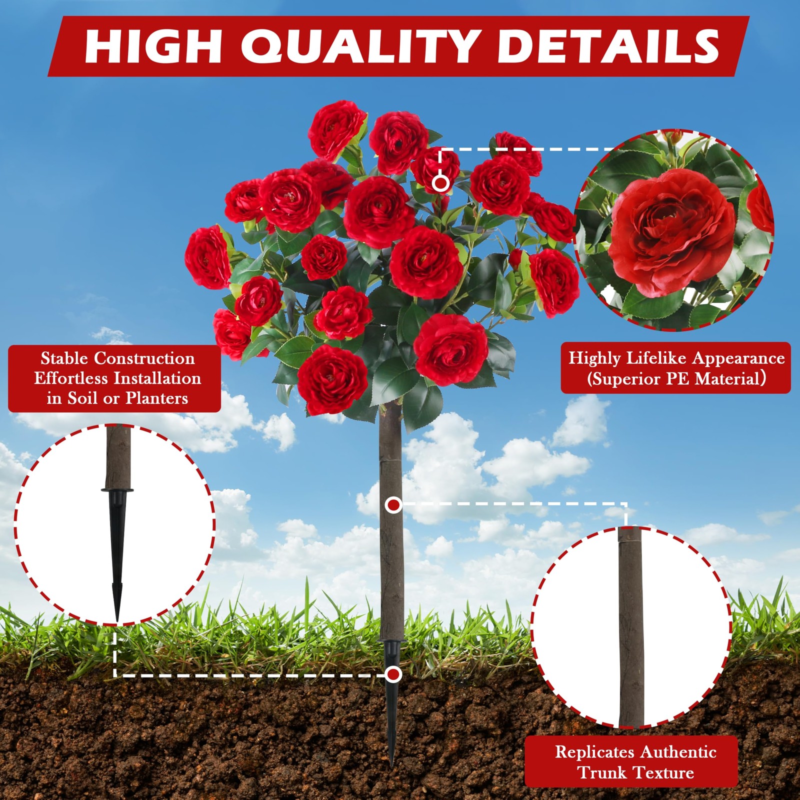 Sunnyglade 35.5″ Set of 2 Artificial Camellia Tree, Faux Red Camellia Flowers…