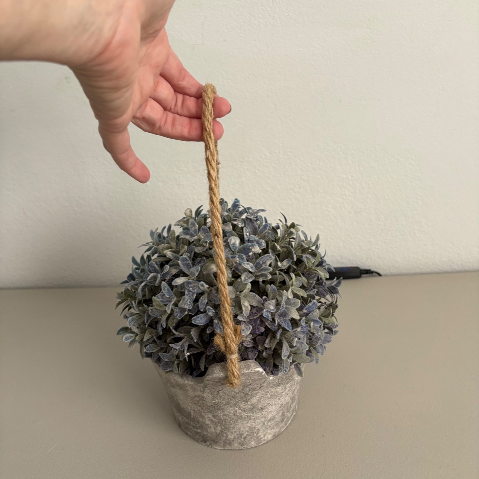 Faux Frosted Greenery Plant in Rustic Gray Pot with Jute Rope Handle Farmhouse