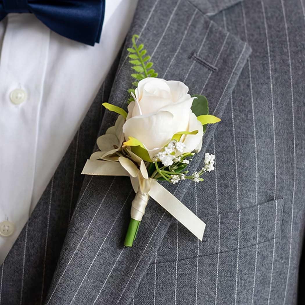 White Rose Artificial Flowers Boutonniere For Men Groom Wedding Prom