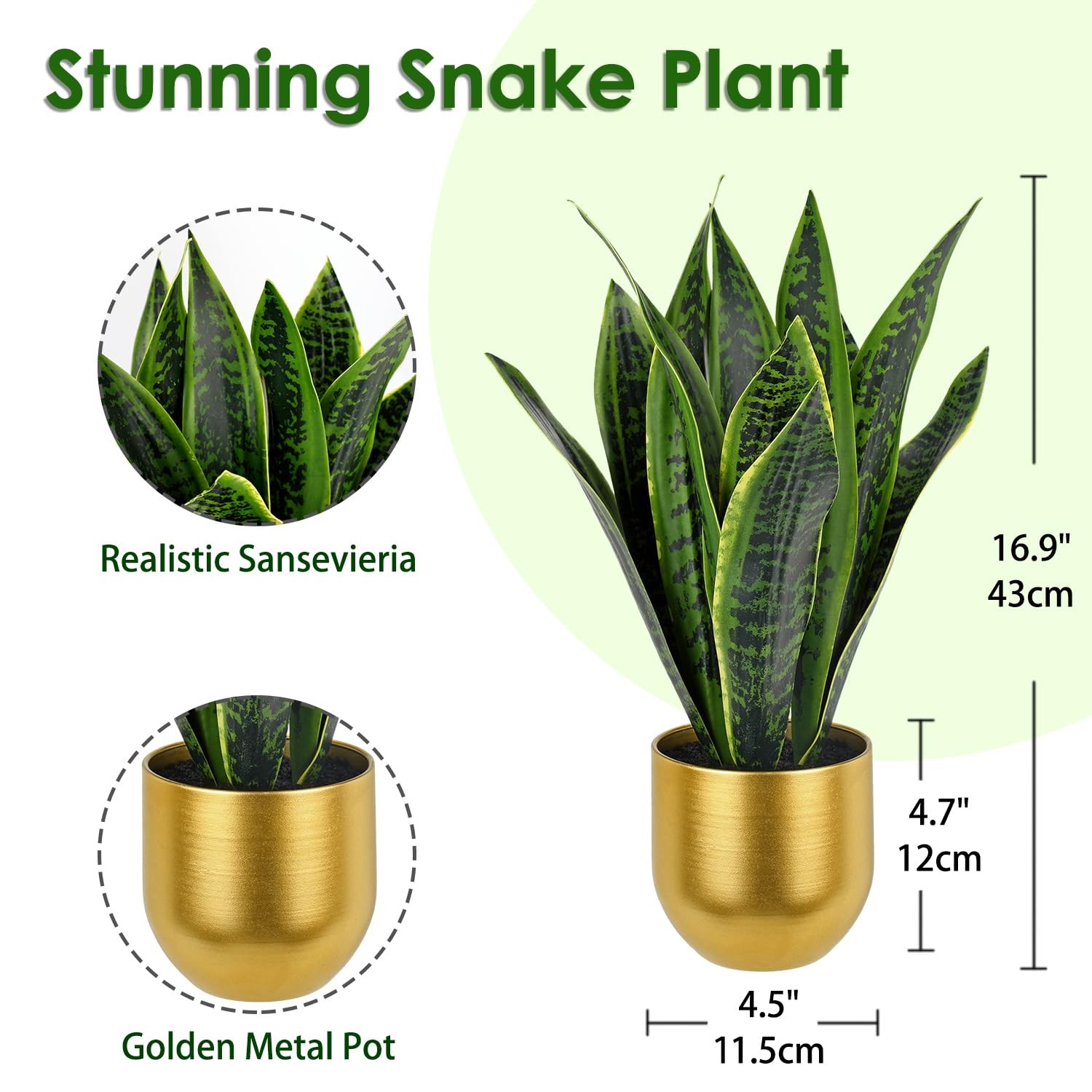 17 Inch Artificial Snake Plant In Gold Pot Faux Tropical Sansevieria Silk
