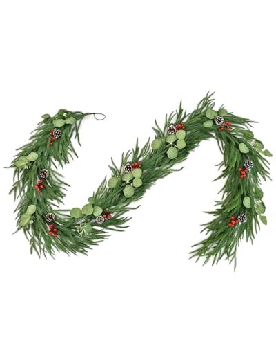 9FT Artificial Christmas Garland with Pine Cones, Red Berries and Eucalyptus