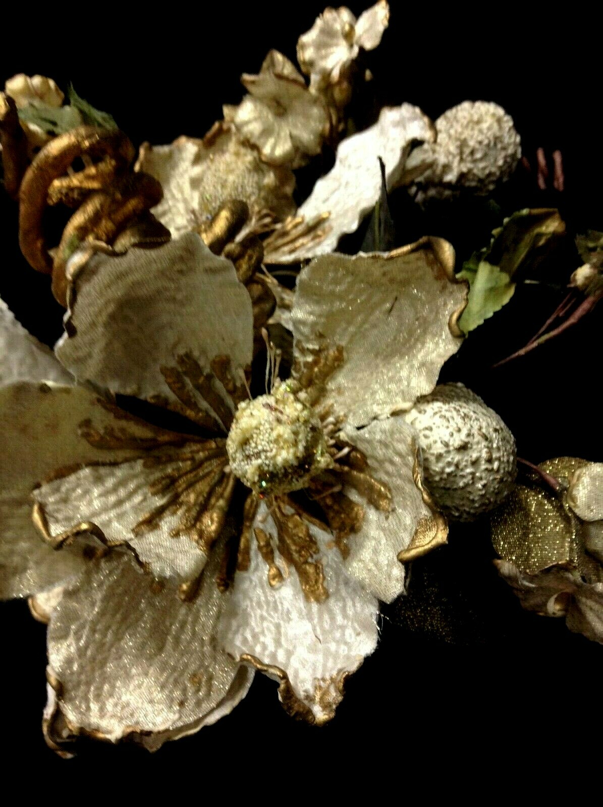 3 White Flower Floral Picks Stems Gold Green Leaves Holidays Berries Glitter